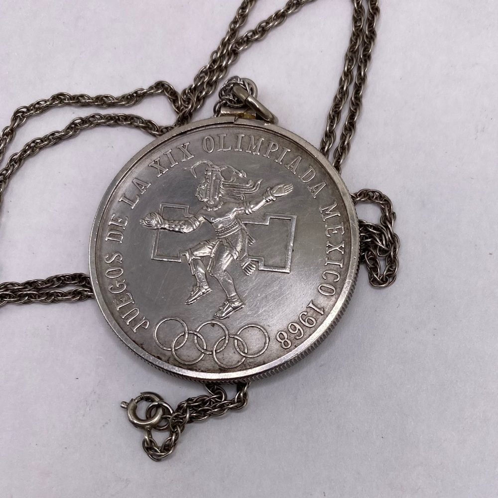 1968 Vintage Sterling Necklace Mexican Olympics 25 Peso Coin in Wrap 24” Chain - Picture 2 of 14